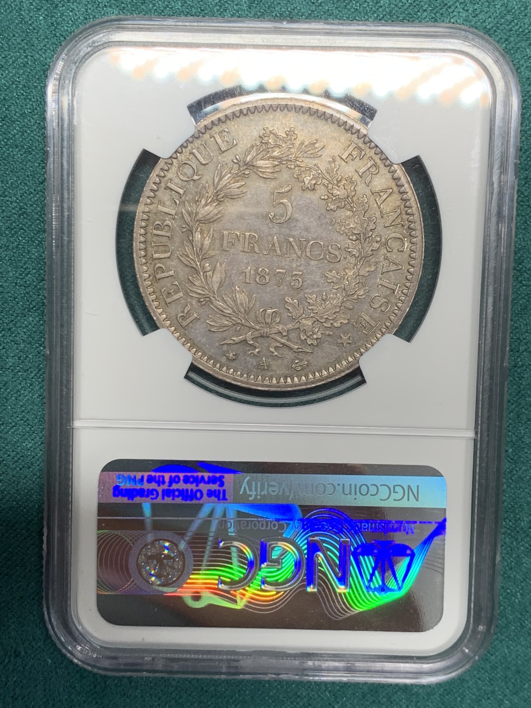 《竞宝斋》第146场-周日，周一 2场 (全场包邮) NGC-MS64 法国 1873年 5法郎 银币 大力神5法郎银币 细节完美 典型欧陆包浆 深紫色熠熠生辉