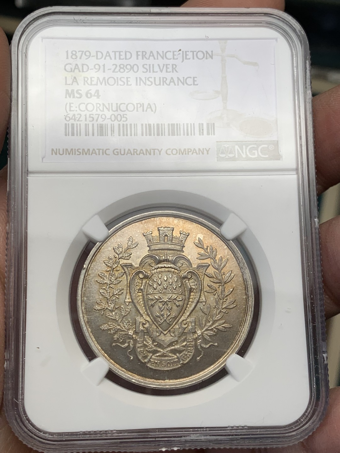 《竞宝斋》第146场-周日，周一 2场 (全场包邮) NGC MS64 1879年法国拉雷莫瓦兹保险银质 圆形代币 顶级品相状态