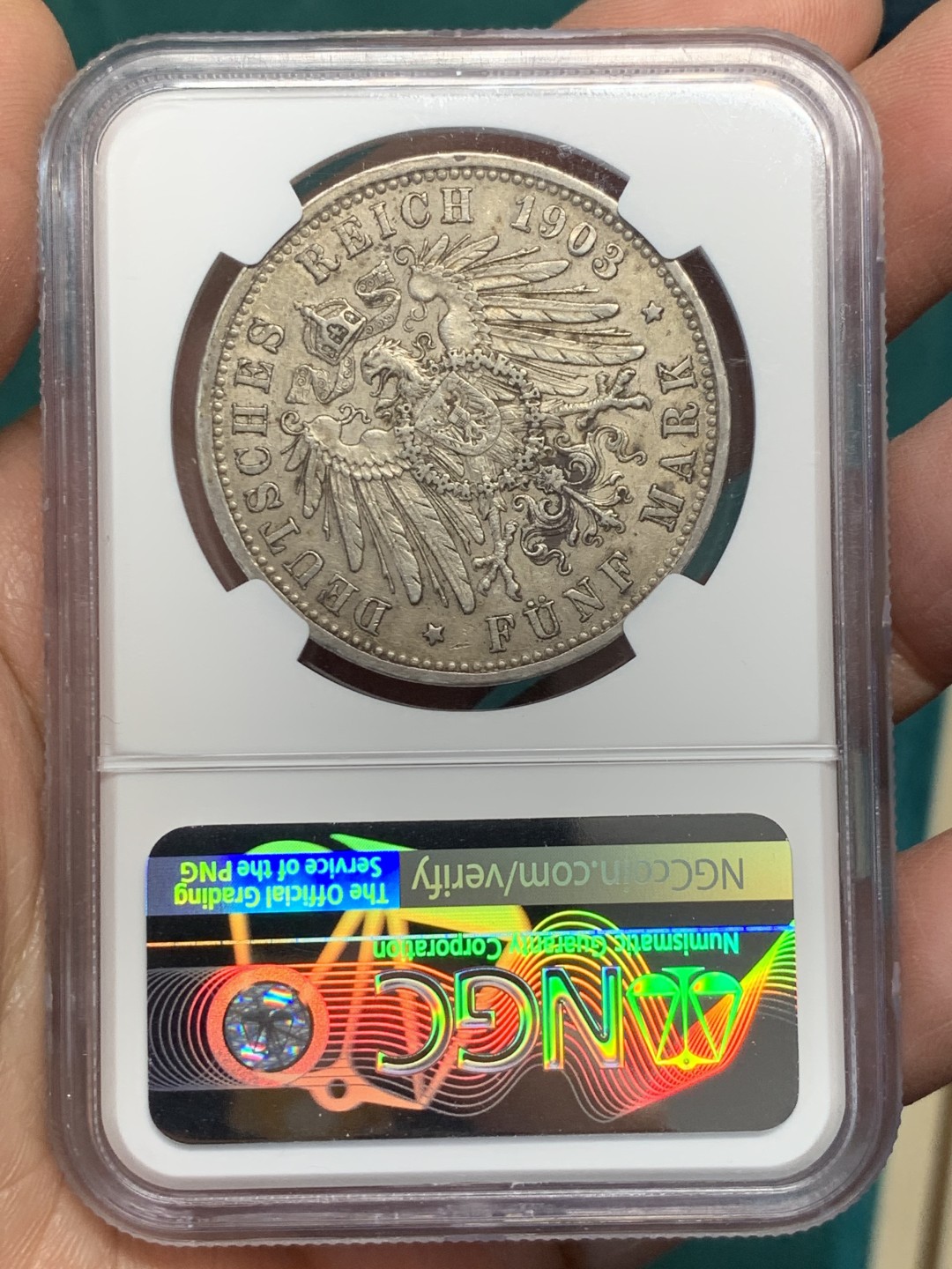 《竞宝斋》第146场-周日，周一 2场 (全场包邮) NGC评级AU55分，1903年德国巴登5马克银币，流通币充分品种，N盒更高分只有7枚。