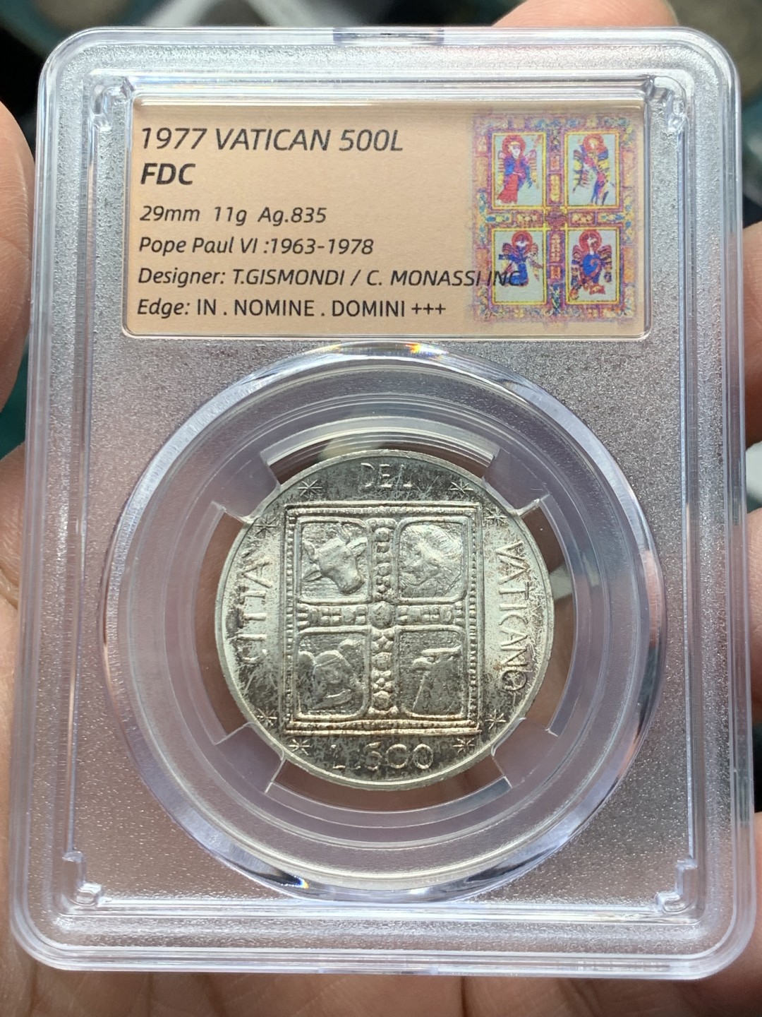 《竞宝斋》第146场-周日，周一 2场 (全场包邮) 梵蒂冈1977年500里拉，集成中世纪前教会艺术设计，四格动物寓意在后世被鸽子及绵羊替代