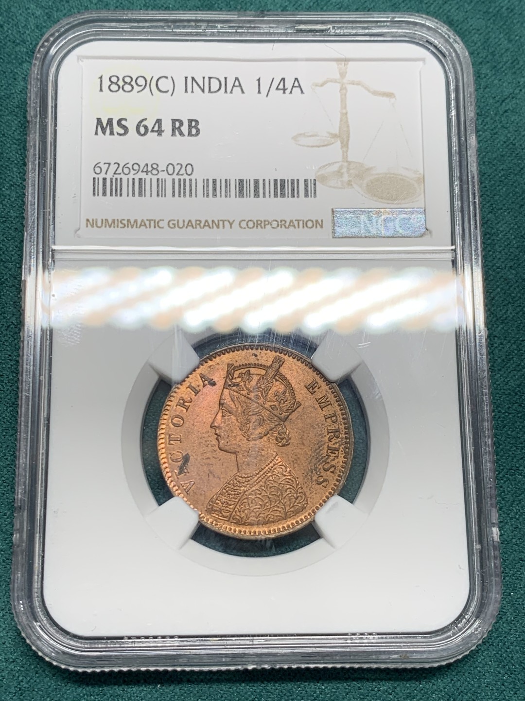 《竞宝斋》第146场-周日，周一 2场 (全场包邮) NGC MS64RB 印度 1889年C版 维多利亚女王1/4安娜好品相高分铜币难得