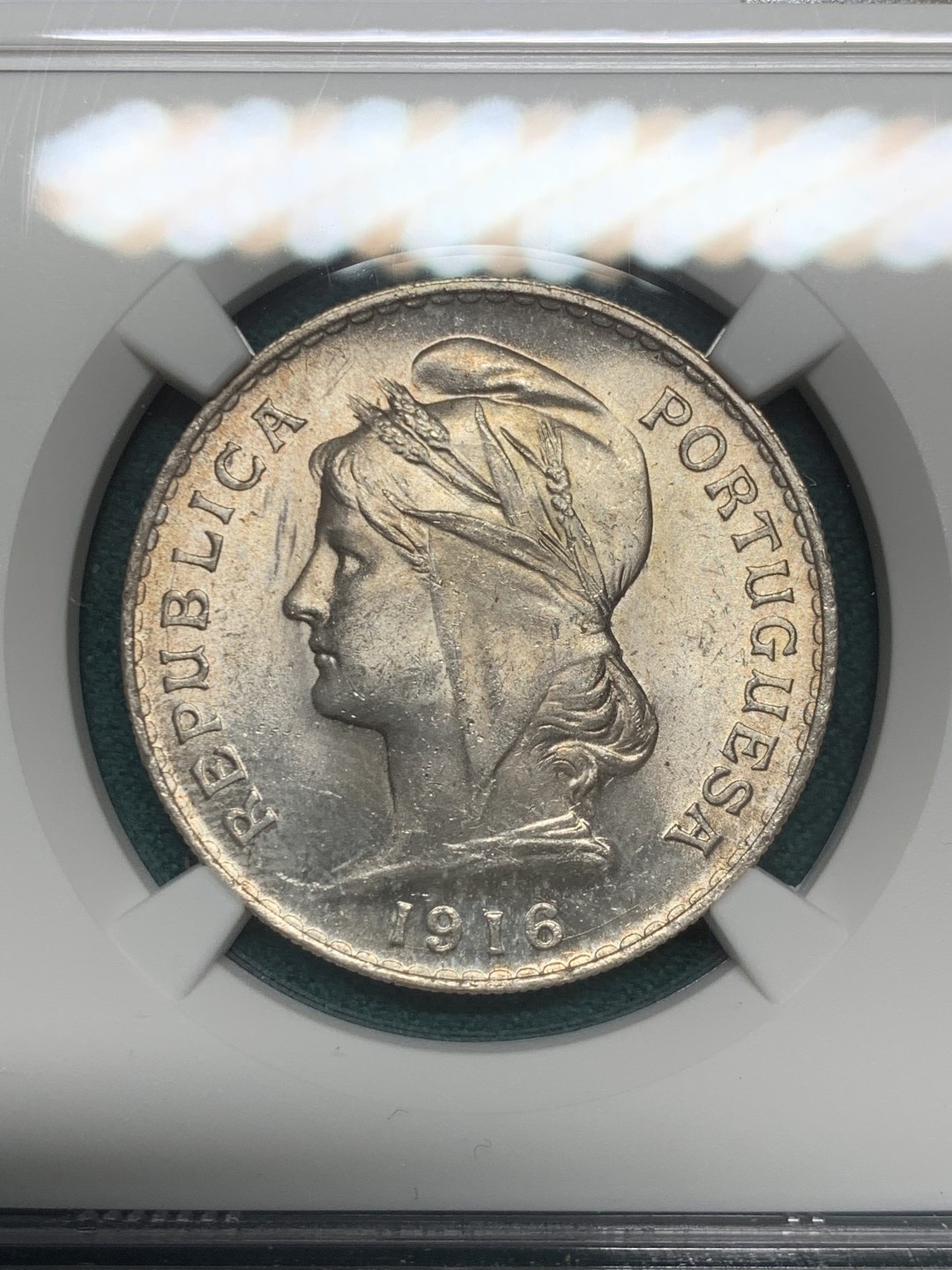 《竞宝斋》第146场-周日，周一 2场 (全场包邮) NGC-MS63 葡萄牙1916年 自由女神半圆 50分银币 顶级曝光品相