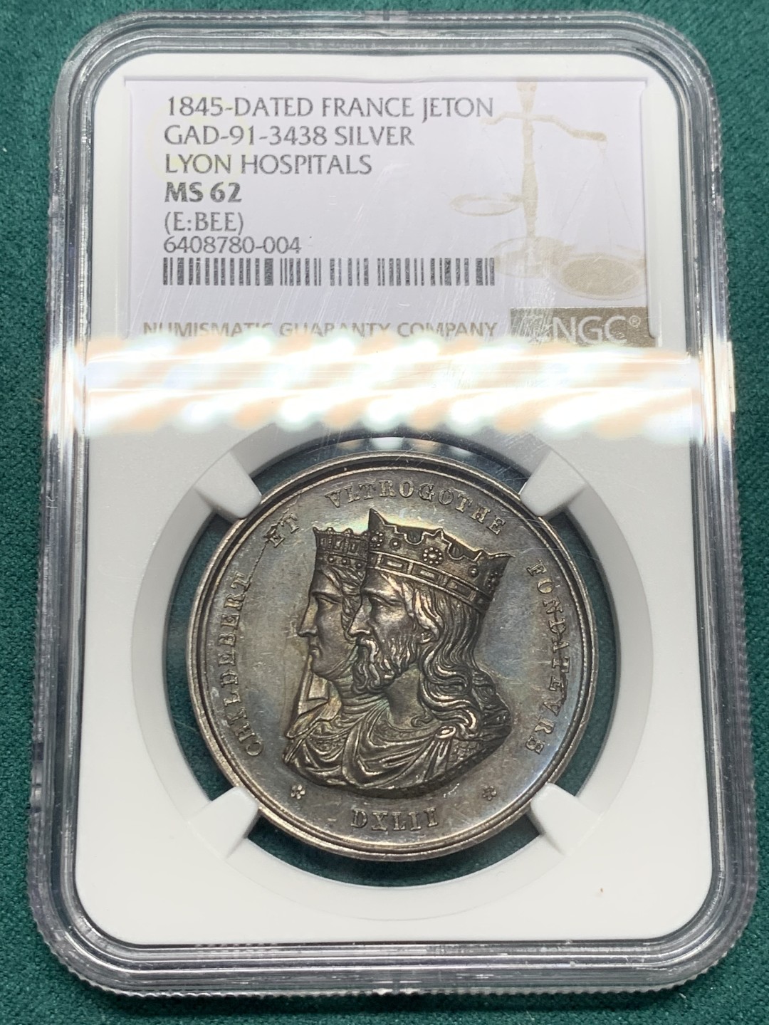 《竞宝斋》第146场-周日，周一 2场 (全场包邮) NGC-MS62 法国1845年 双皇头像 JETON银制 高浮雕 经典传世黑包浆 非常难得