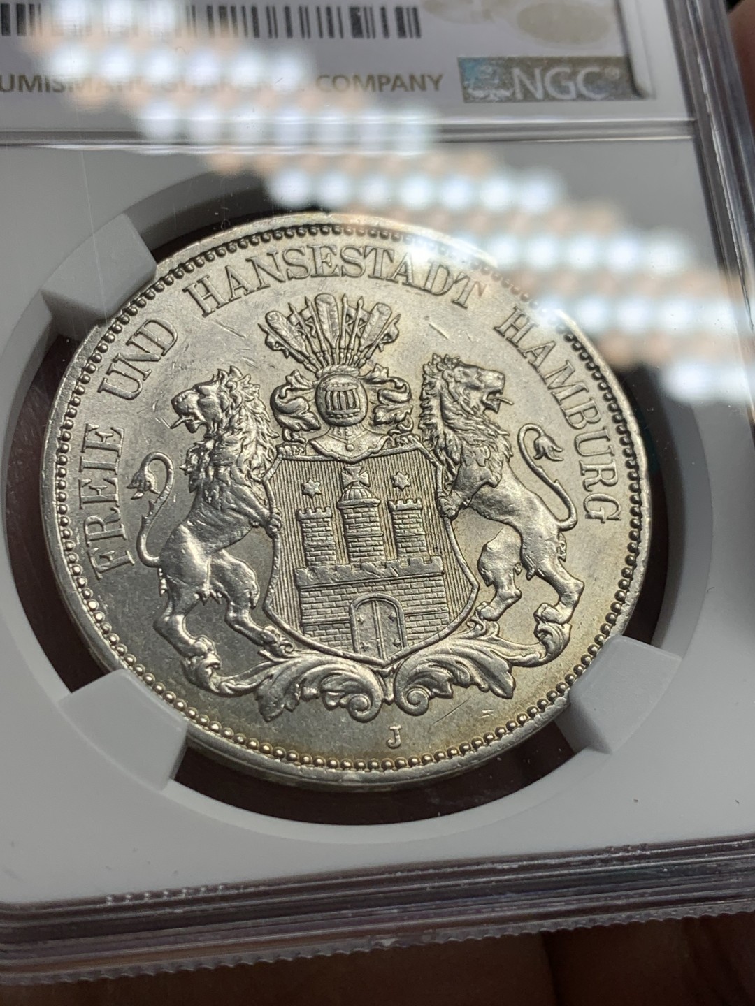 《竞宝斋》第146场-周日，周一 2场 (全场包邮) NGC-AU58 德国汉堡1913年 双狮盾牌 5马克大银币 原光好品