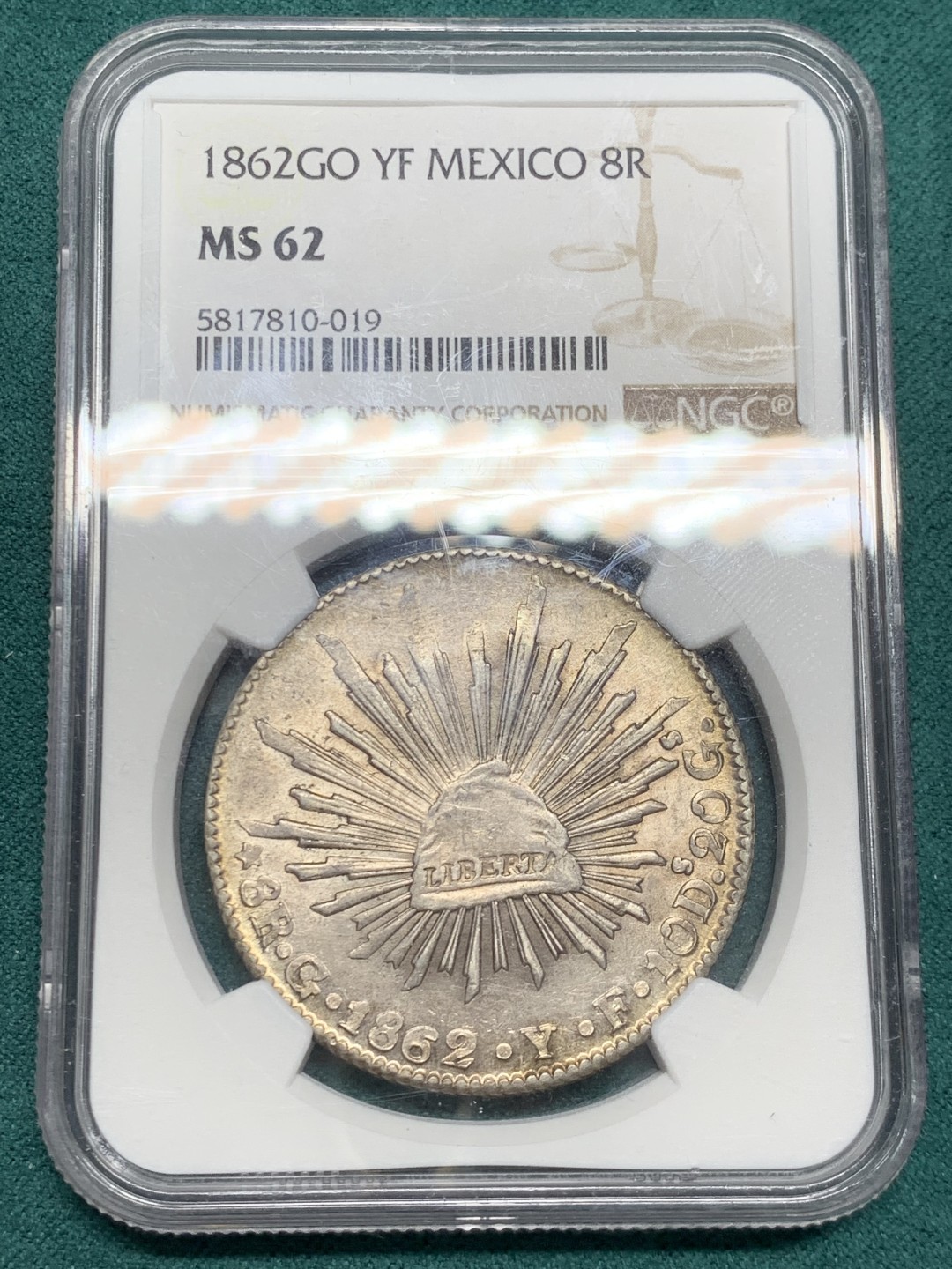 《竞宝斋》第146场-周日，周一 2场 (全场包邮) NGC MS62 墨西哥 1862年 中期 花边鹰洋 五彩光度好