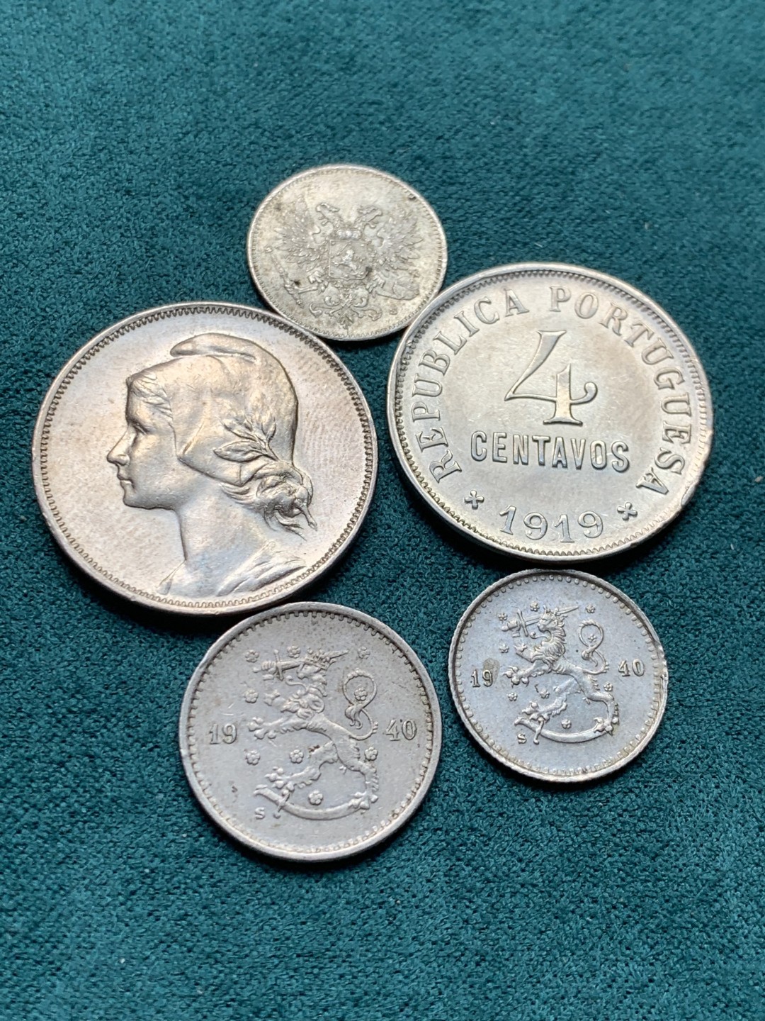 《竞宝斋》第146场-周日，周一 2场 (全场包邮) 葡萄牙1917/1919 20分镍币各一枚+芬兰1940年 25分 50分芬尼+ 俄占芬兰1917年 25芬尼