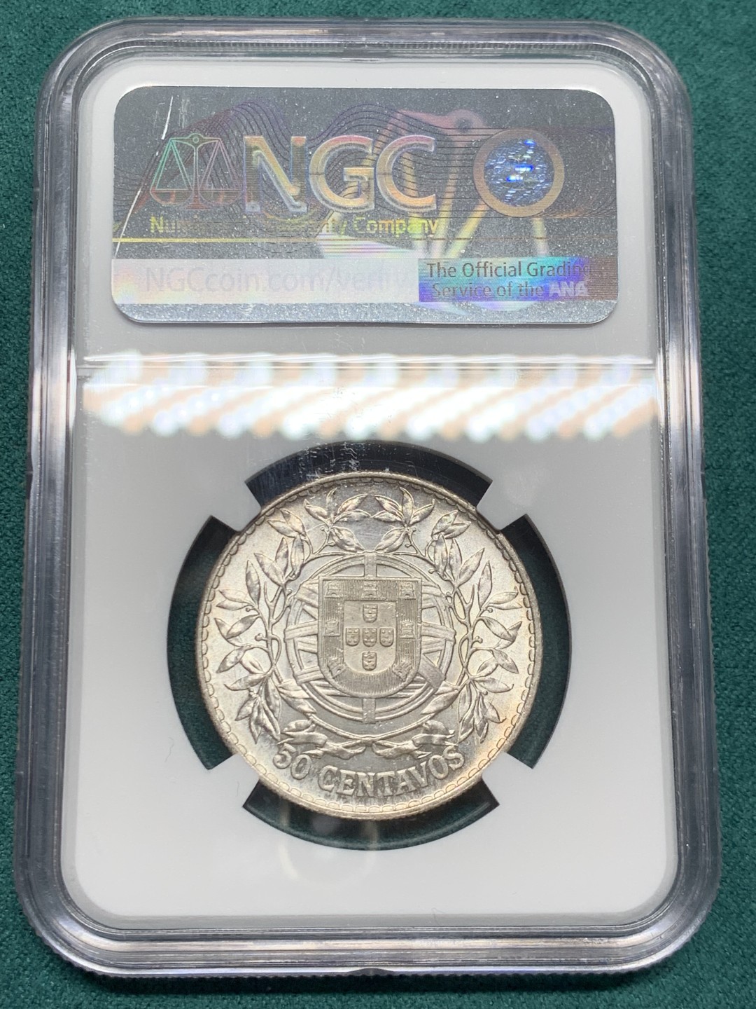 《竞宝斋》第146场-周日，周一 2场 (全场包邮) NGC-MS63 葡萄牙1916年 自由女神半圆 50分银币 顶级曝光品相