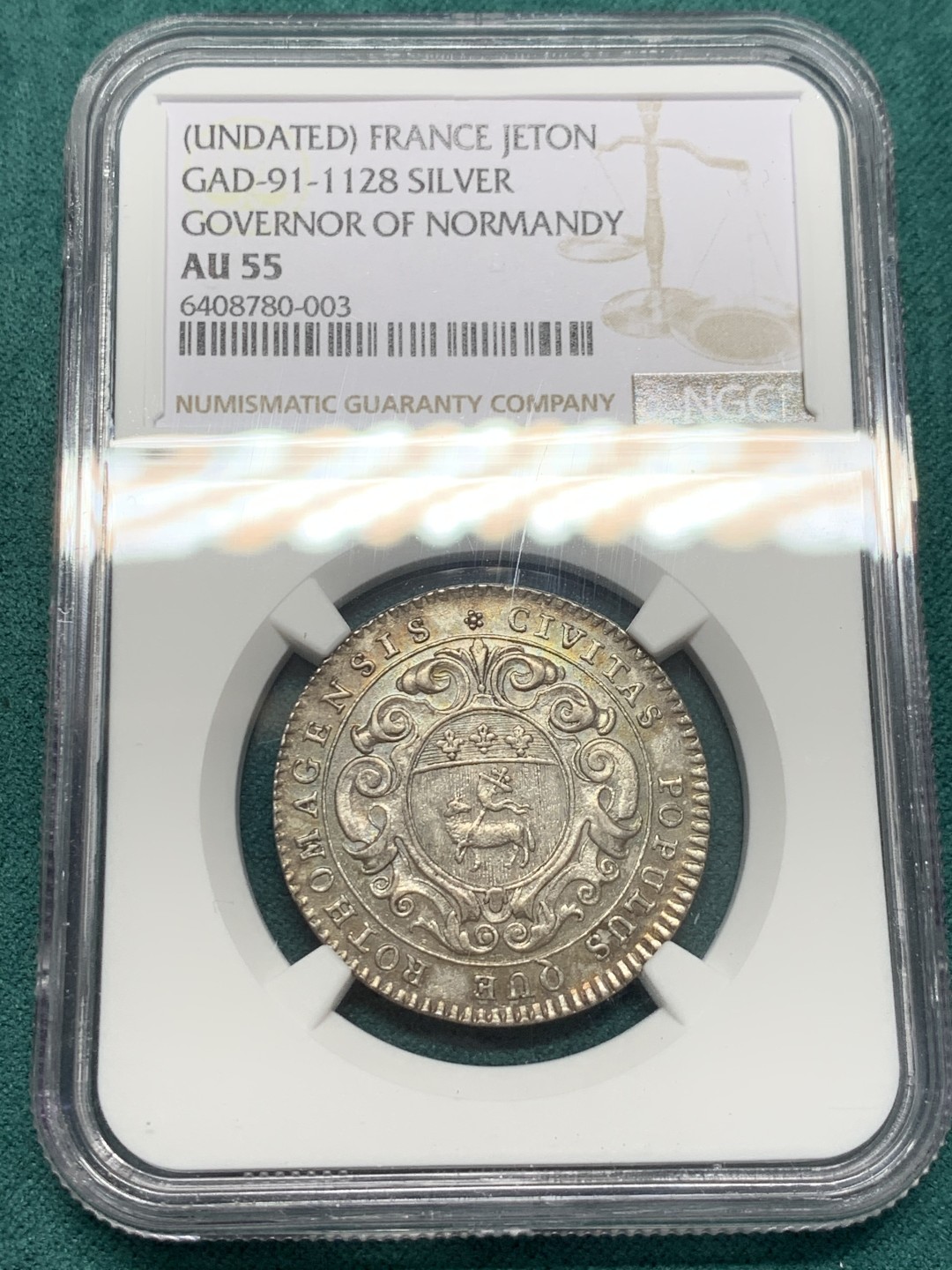 《竞宝斋》第146场-周日，周一 2场 (全场包邮) NGC-AU55 法国诺曼底 十八世纪JETON 绵羊徽章 罕见品种