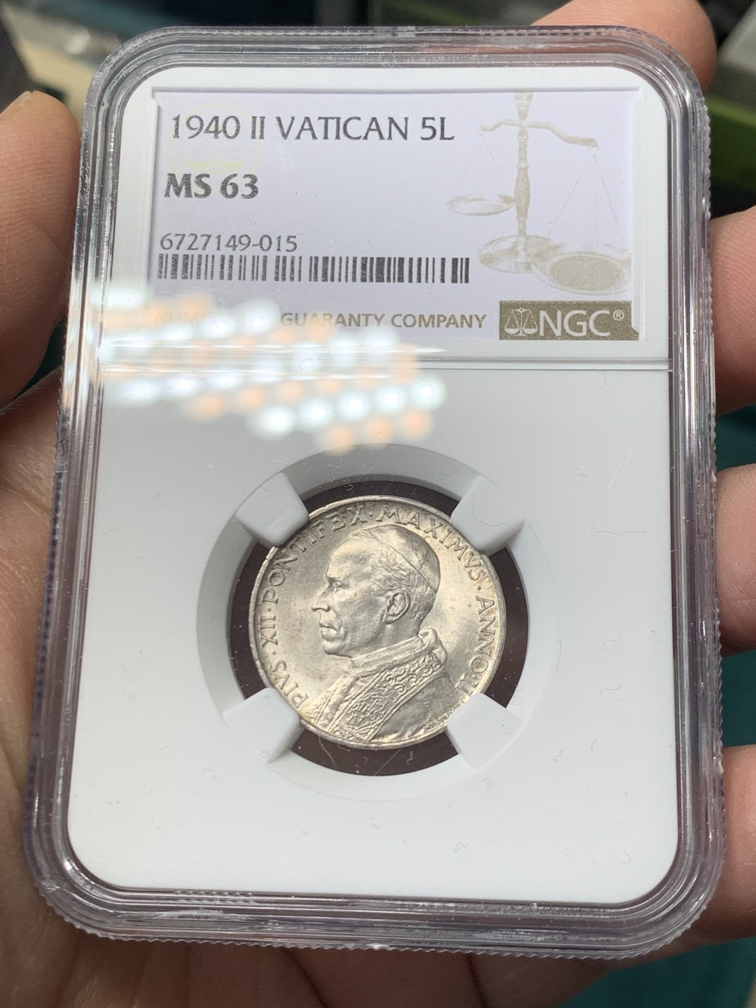 《竞宝斋》第146场-周日，周一 2场 (全场包邮) NGC MS63 梵蒂冈1940年5里拉银币 人像为庇护十二世 背面造型刻画的是彼得乘船传递讯息