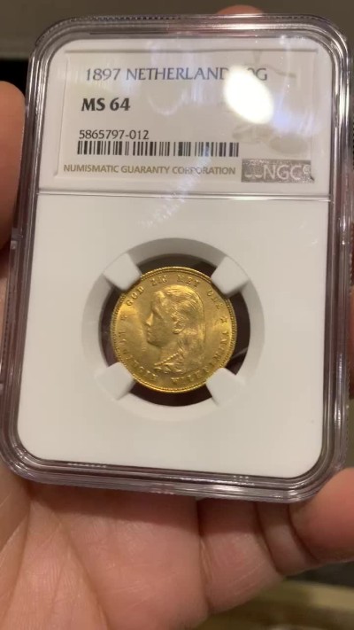 《竞宝斋》第146场-周日，周一 2场 (全场包邮) NGC MS64 荷兰 1897年 小萝莉 威廉明娜女王 金币 达到BU宝石光  热门品种，持续上涨行情