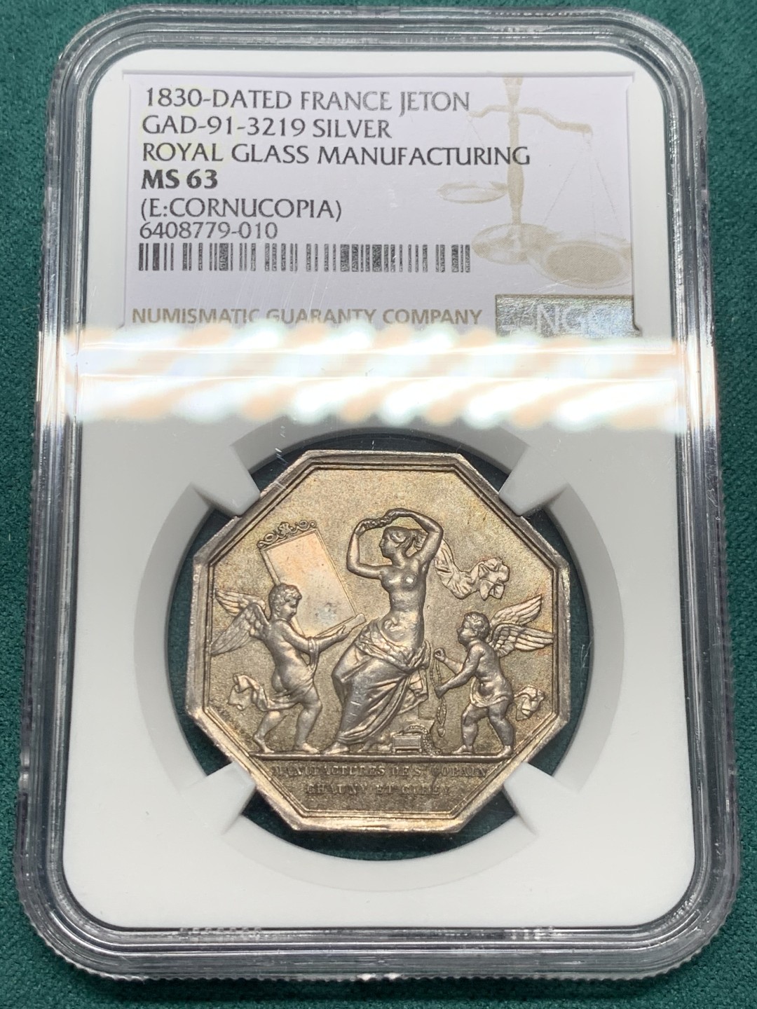 《竞宝斋》第146场-周日，周一 2场 (全场包邮) NGC-MS63 法国1830年 天使嬉戏图 八角大型JETON 银质 顶级品相