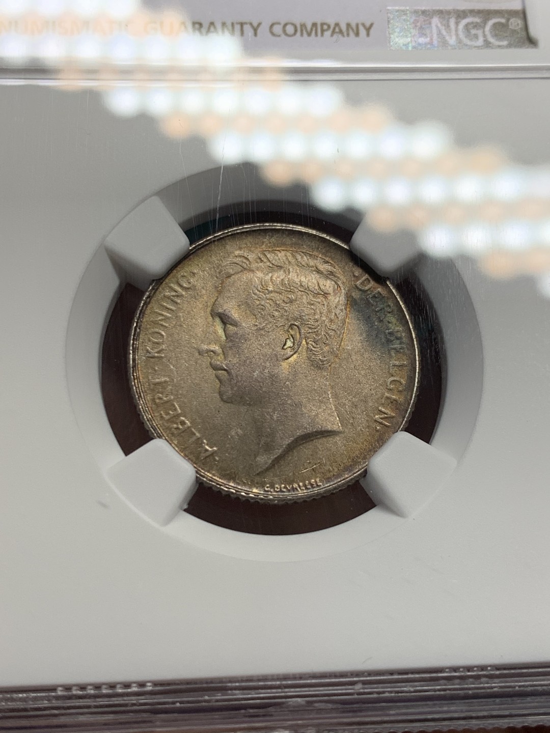 《竞宝斋》第146场-周日，周一 2场 (全场包邮) NGC-MS64 比利时1914年阿尔贝托国王 1法郎银币 五彩包浆非常漂亮