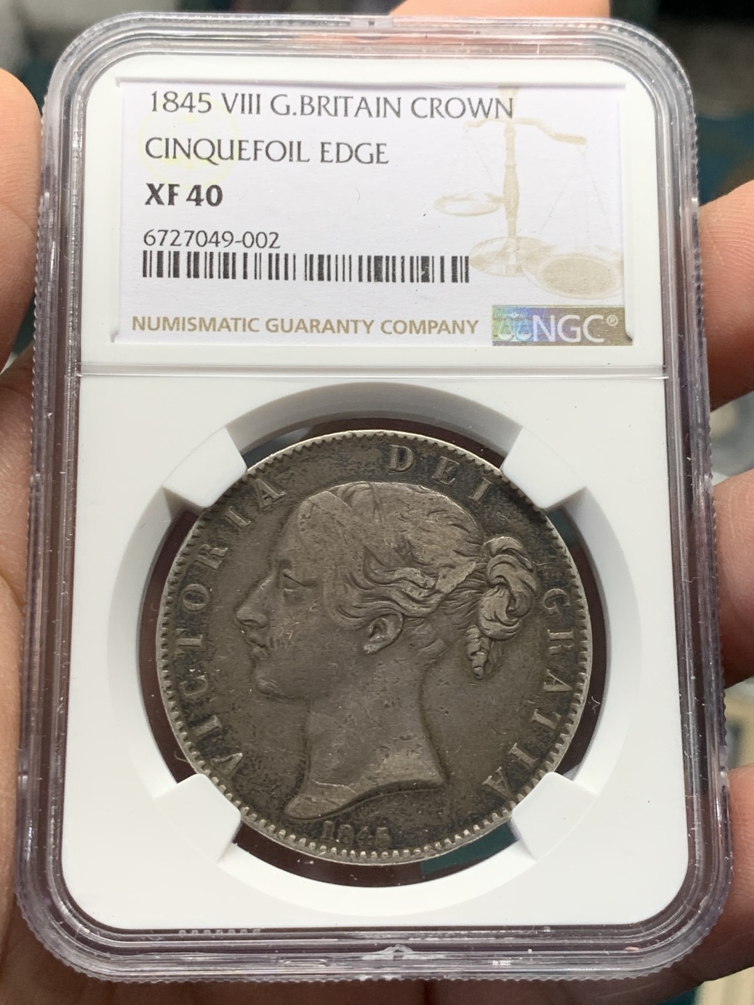 《竞宝斋》第146场-周日，周一 2场 (全场包邮) NGC-XF40 英国1845年小维克朗，少见品种小版别，流通品的自藏状态，黑彩原包浆，背面深色五彩