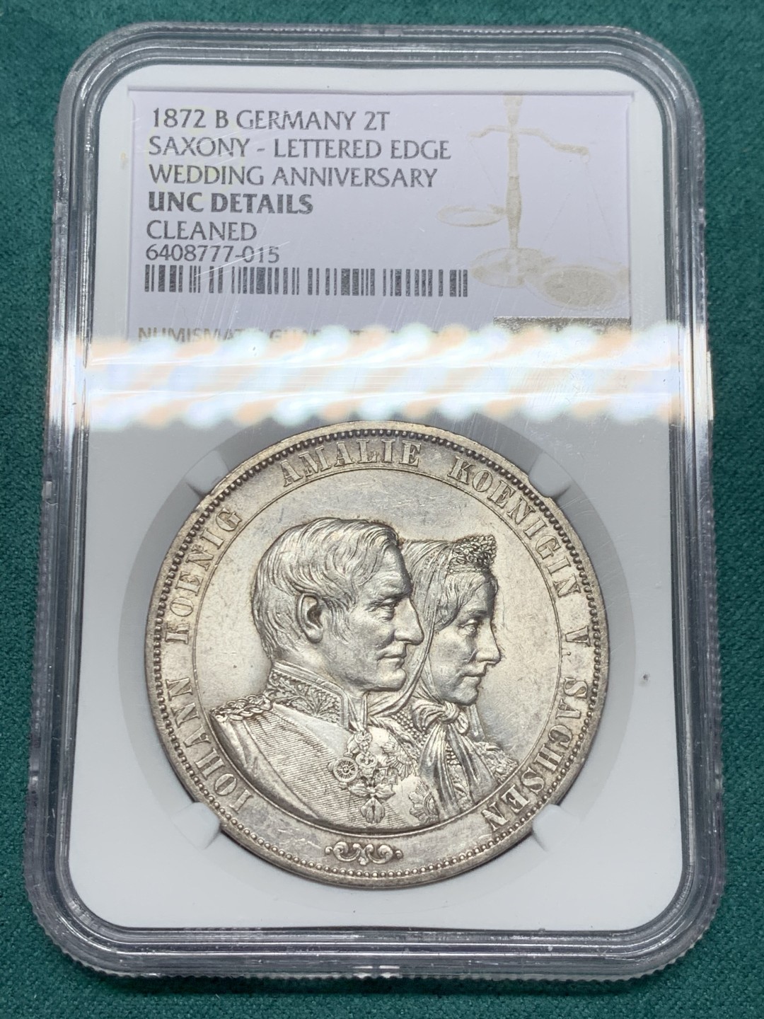 《竞宝斋》第146场-周日，周一 2场 (全场包邮) NGC-UNC 德国萨克森 1872年 金婚纪念 2泰勒大银币 原光好品带点包浆 这个没给分真的可惜了