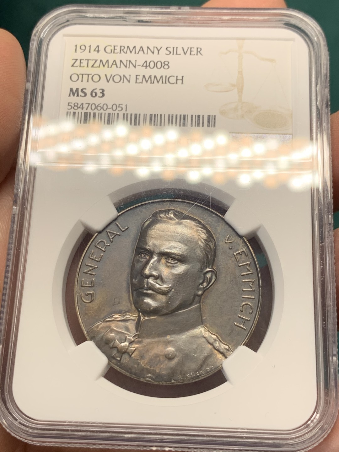 《竞宝斋》第146场-周日，周一 2场 (全场包邮) NGC MS63 1914年德国一战名将艾米奇将军纪念银章 稀少品种 镜面深彩包浆