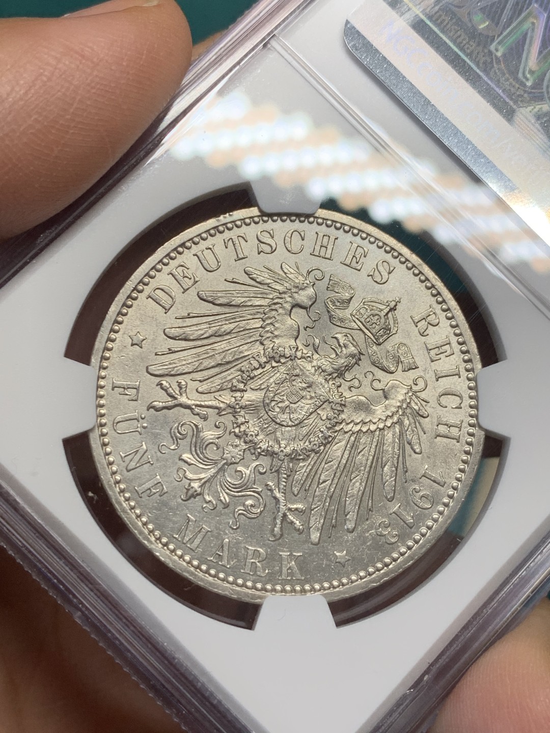 《竞宝斋》第146场-周日，周一 2场 (全场包邮) NGC-AU58 德国汉堡1913年 双狮盾牌 5马克大银币 原光好品