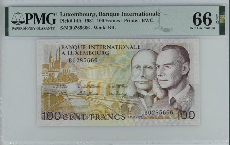 收藏联盟Quantum Auction 第242期拍卖  卢森堡1981年100法郎 PMG66 
