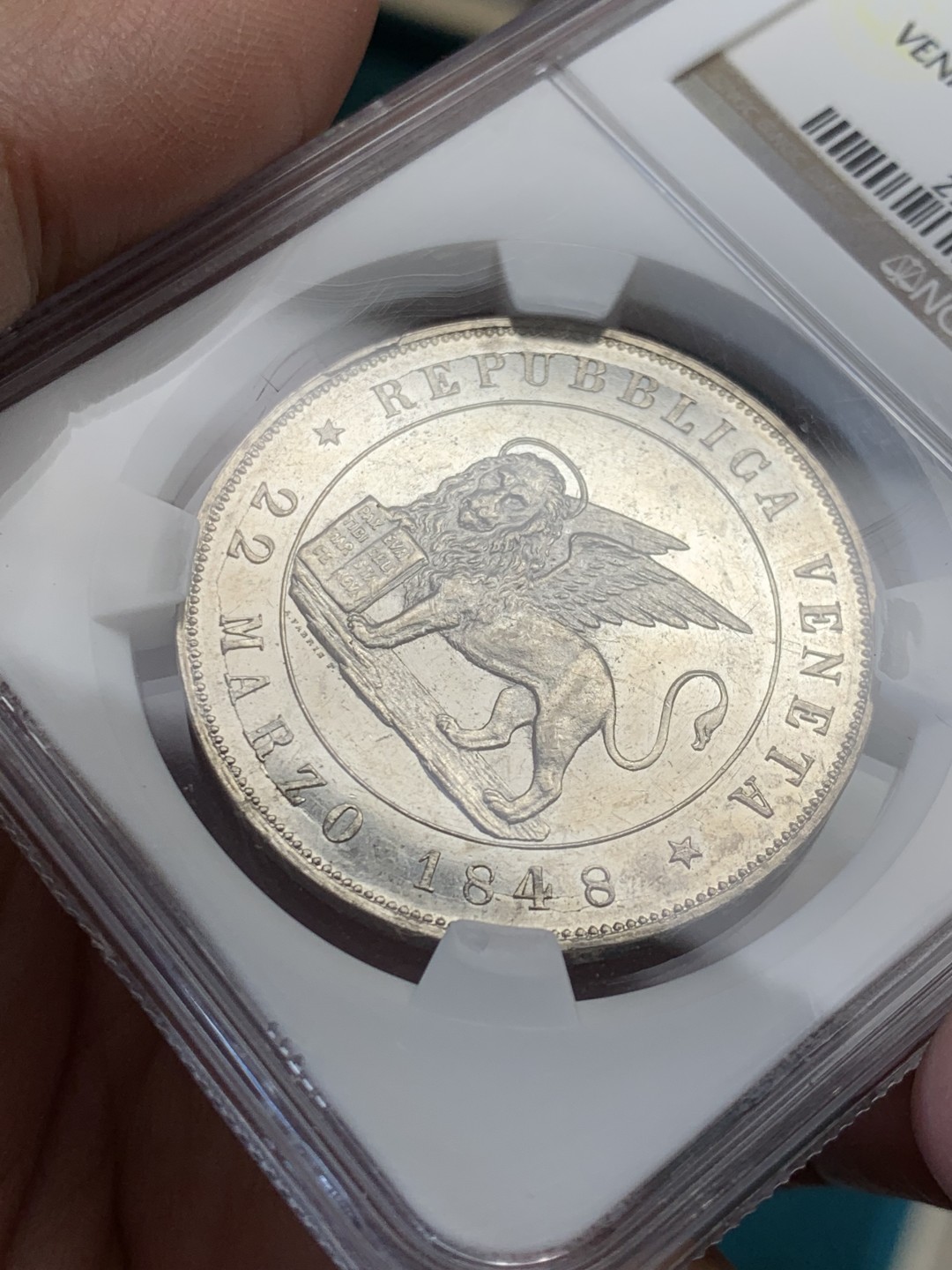 《竞宝斋》第146场-周日，周一 2场 (全场包邮) 亚军分！NGC-MS63PL 意大利威尼斯1848年飞狮5里拉大银 镜面prooflike，NGC一共只评出5枚