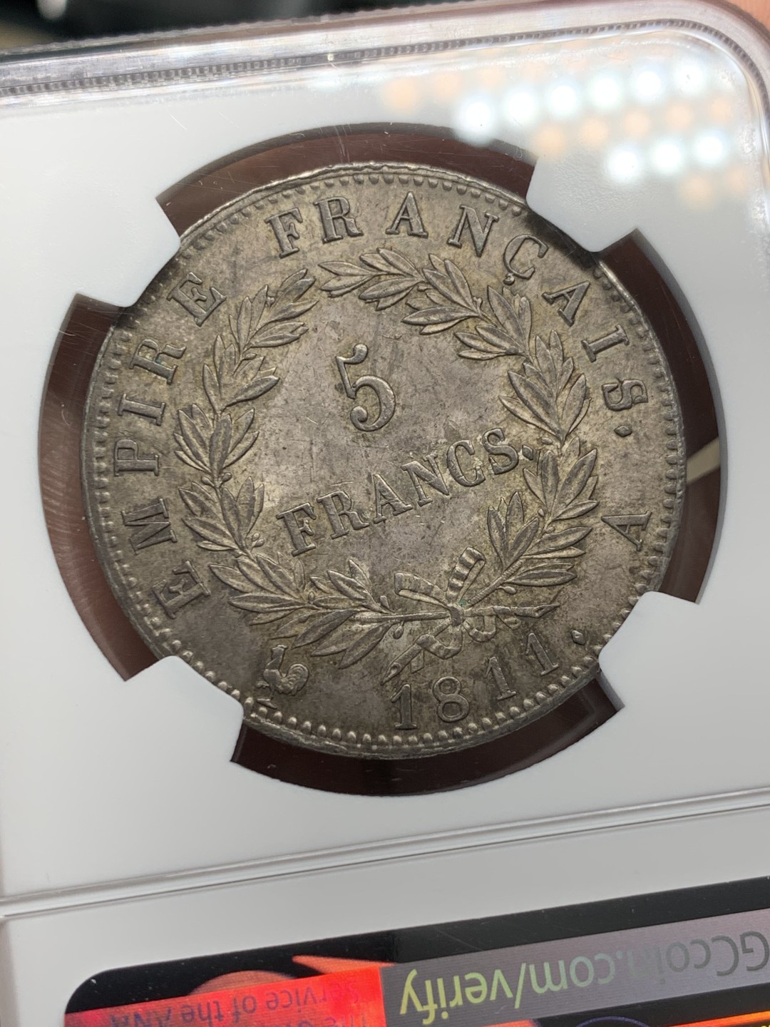 《竞宝斋》第146场-周日，周一 2场 (全场包邮) NGC-AU58 法国1811年拿破仑一世5法郎银币 原味包浆 好味道
