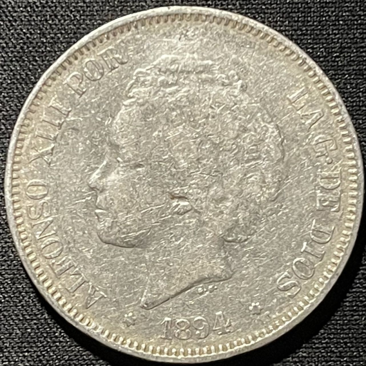 紫瑗钱币——第273期拍卖 西班牙 1894年 阿方索十三世 爆炸头 5比塞塔 25克 0.9银