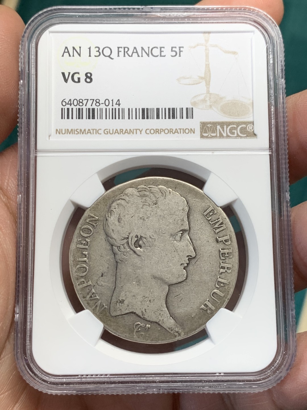 《竞宝斋》第146场-周日，周一 2场 (全场包邮) 第三名 NGC-VG8 法国AN13年 佩皮尼昂造 5法郎拿破仑一世 大银币 稀少厂名 罕见