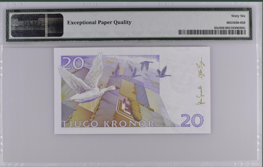 收藏联盟Quantum Auction 第242期拍卖  瑞典2006-11年20克朗 PMG66 厄尔斯骑鹅旅行记