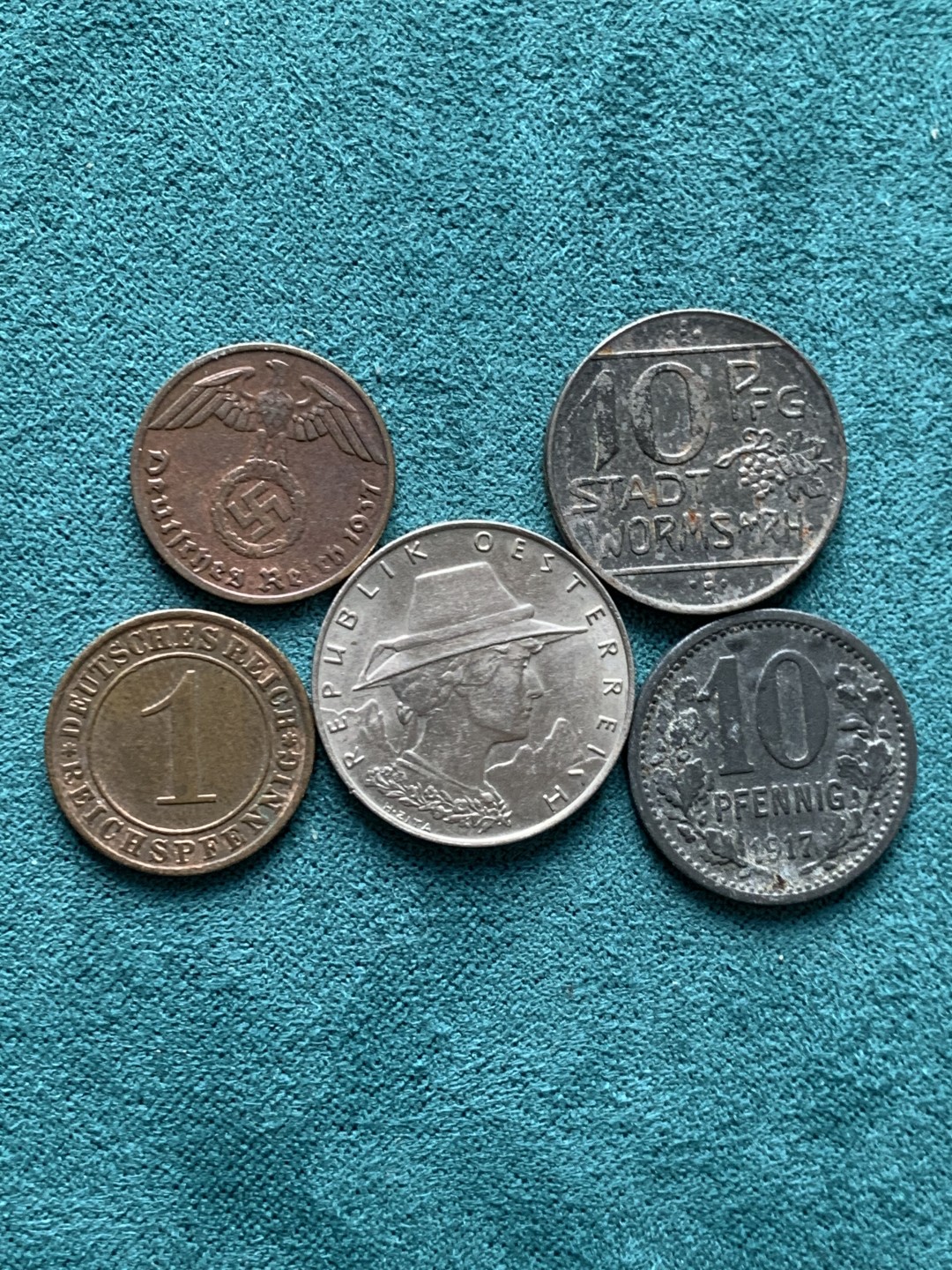 《竞宝斋》第146场-周日，周一 2场 (全场包邮) 德国+奥地利5枚不多见的品种德紧10芬尼2枚+魏玛1芬尼+德三1芬尼+奥地利1924年1000格罗申