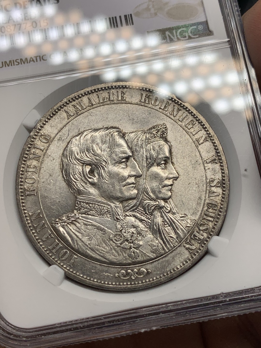 《竞宝斋》第146场-周日，周一 2场 (全场包邮) NGC-UNC 德国萨克森 1872年 金婚纪念 2泰勒大银币 原光好品带点包浆 这个没给分真的可惜了