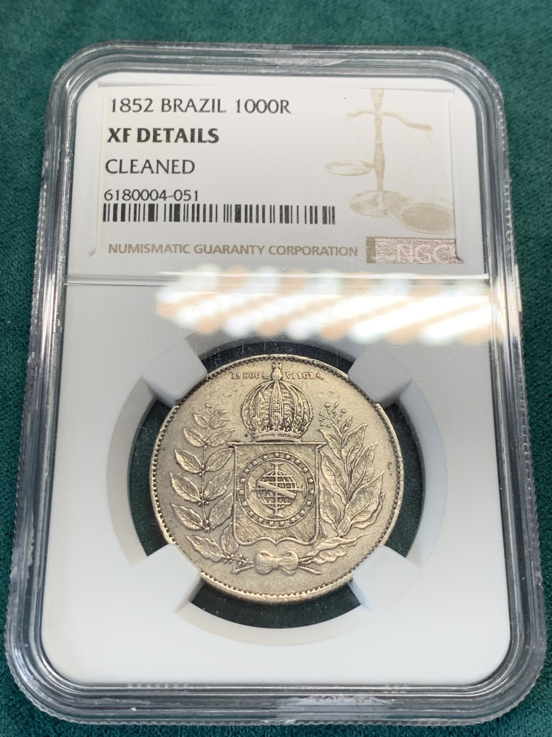 《竞宝斋》第146场-周日，周一 2场 (全场包邮) NGC-XF 1852巴西1000里亚尔银币，大叶版