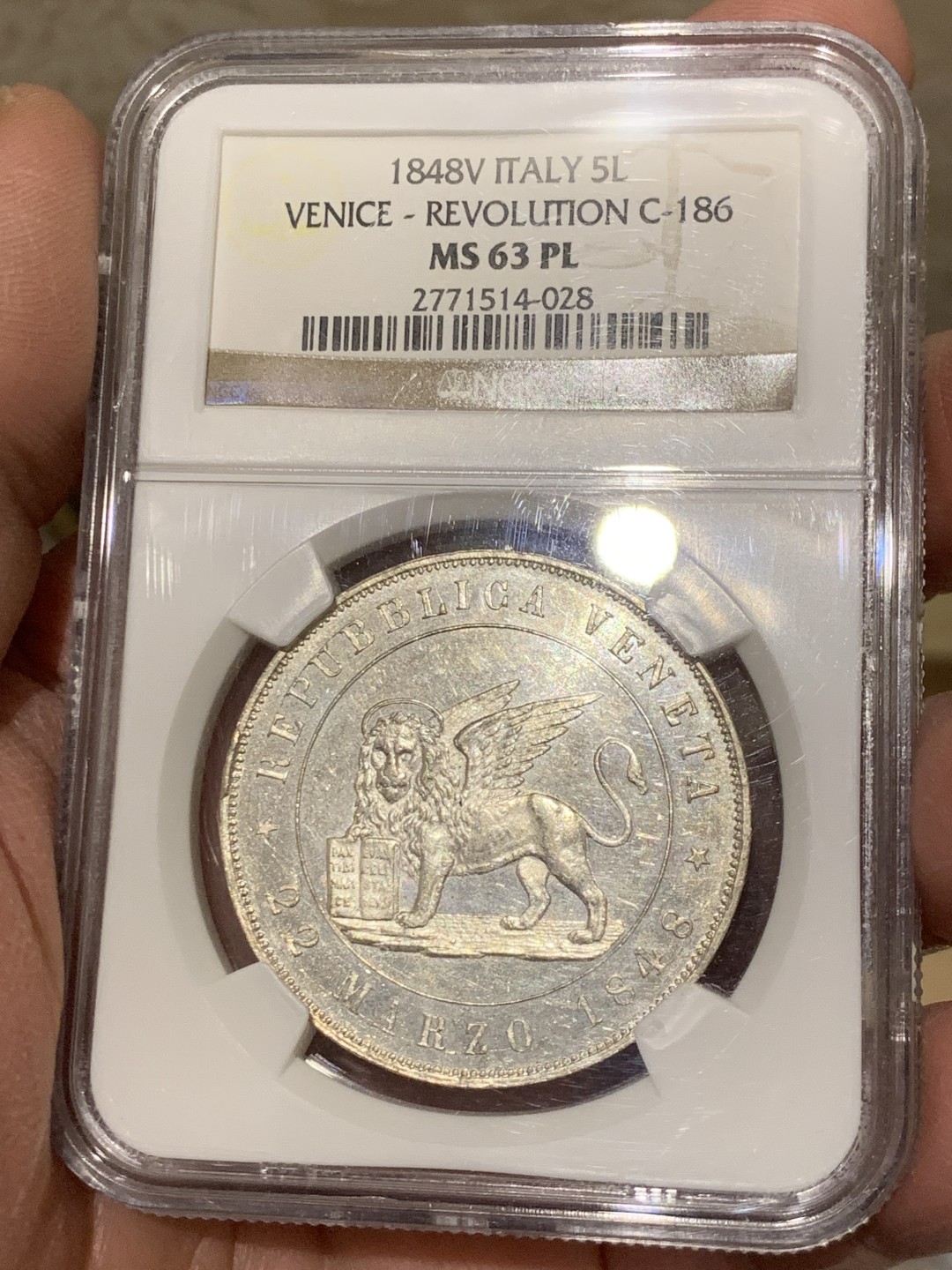 《竞宝斋》第146场-周日，周一 2场 (全场包邮) 亚军分！NGC-MS63PL 意大利威尼斯1848年飞狮5里拉大银 镜面prooflike，NGC一共只评出5枚