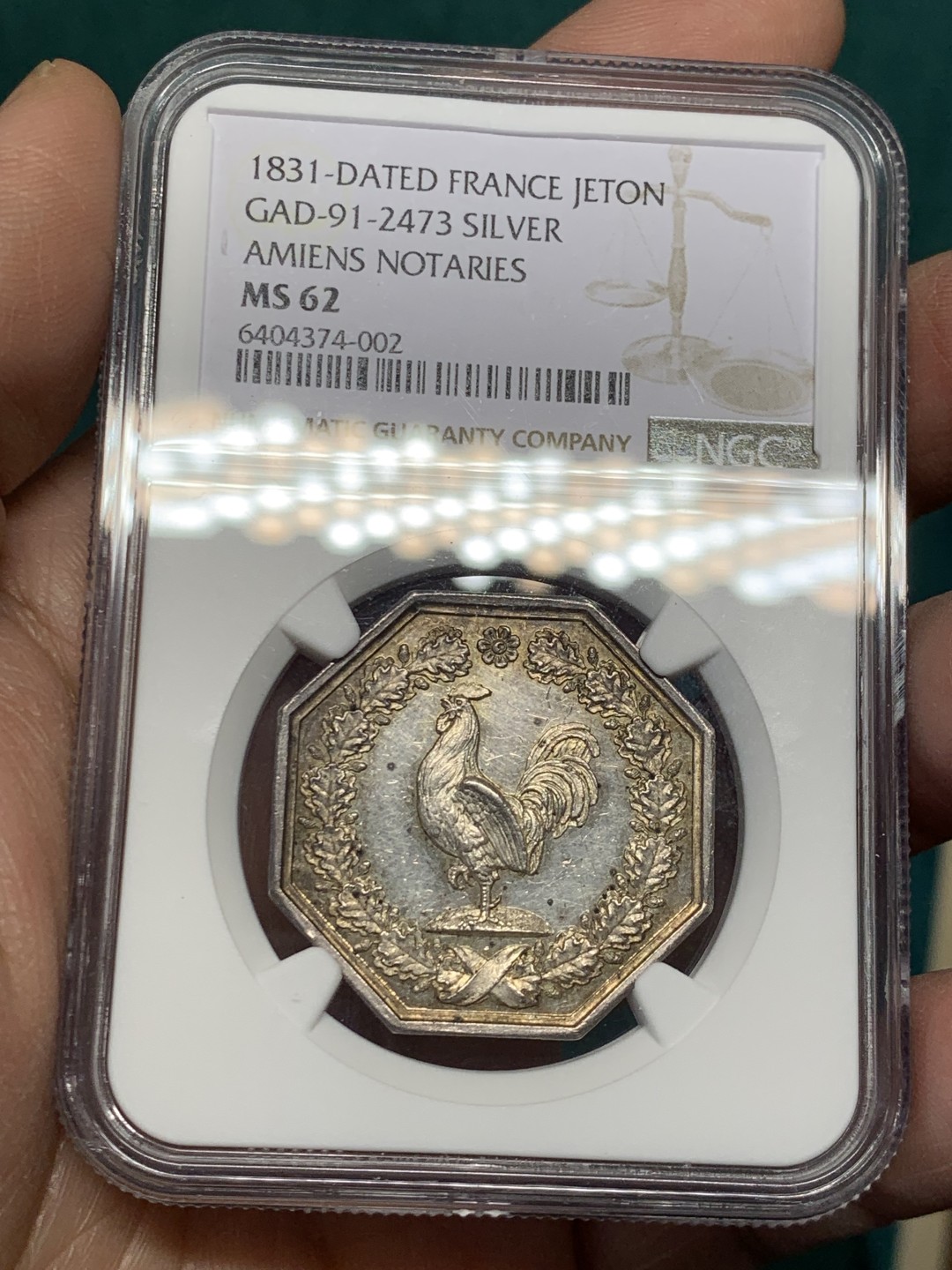 《竞宝斋》第146场-周日，周一 2场 (全场包邮) NGC MS62 法国 1831 亚眠市八角银质代币 高卢雄鸡细节不错