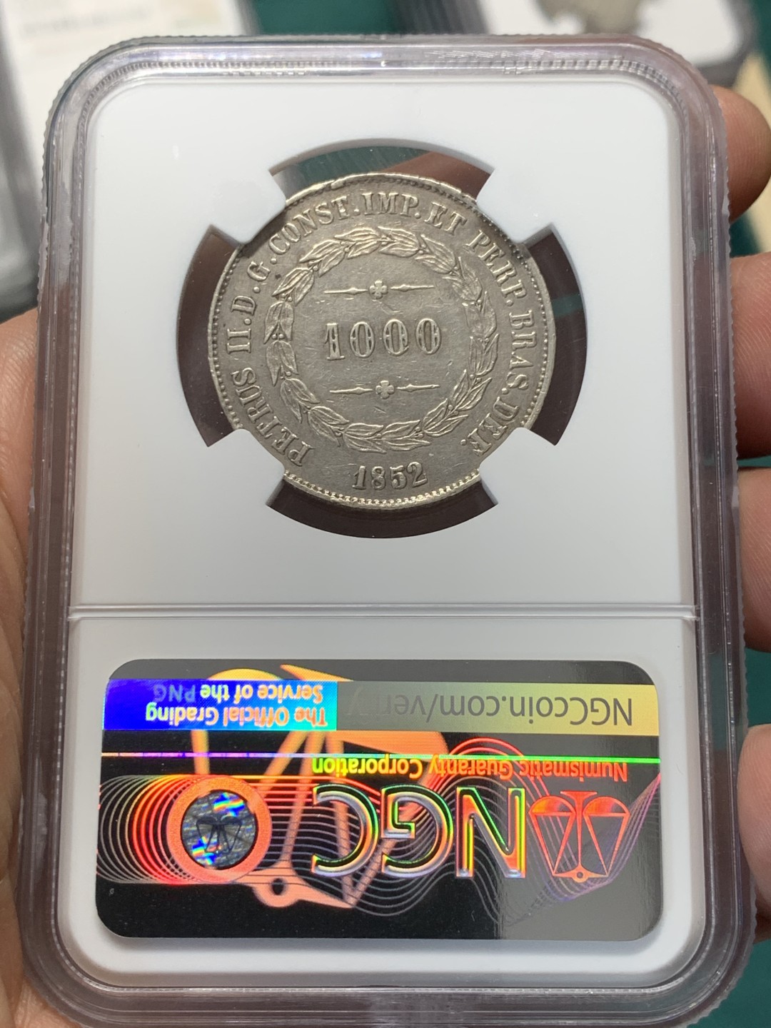 《竞宝斋》第146场-周日，周一 2场 (全场包邮) NGC-XF 1852巴西1000里亚尔银币，大叶版