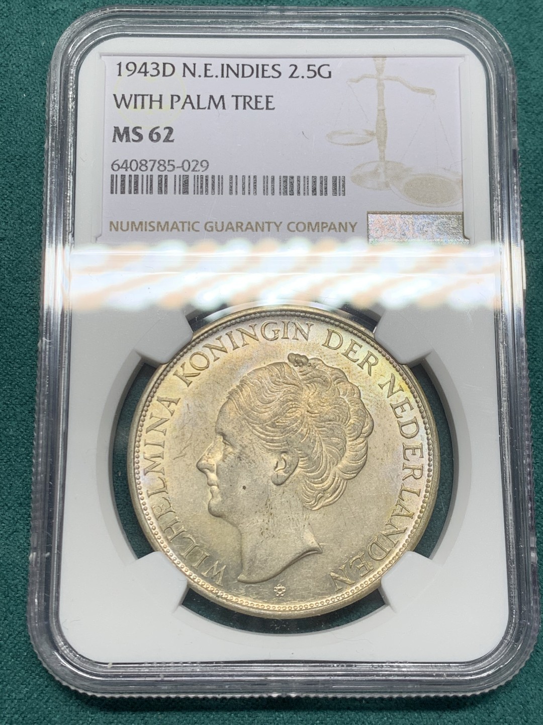 《竞宝斋》第146场-周日，周一 2场 (全场包邮) NGC-MS62 荷属东印度殖民地 1943年 女王威廉米娜2.5盾大银币 原光好品