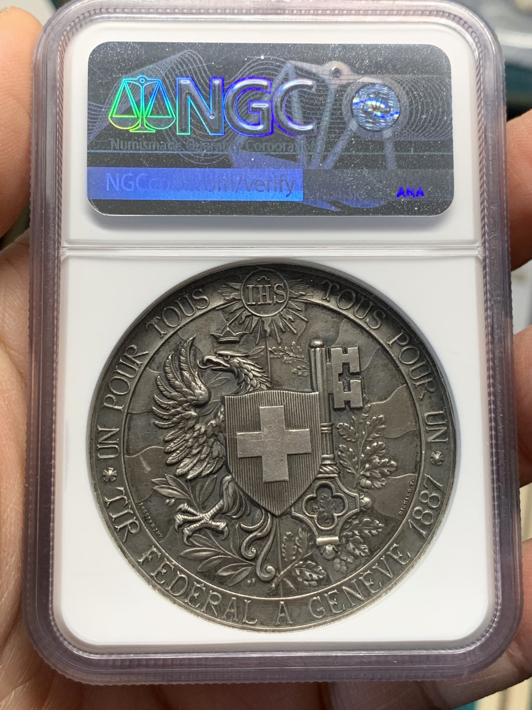 《竞宝斋》第146场-周日，周一 2场 (全场包邮) NGC-MS63 瑞士 1887年 日内瓦射击节 银章 人像立体高浮雕工艺