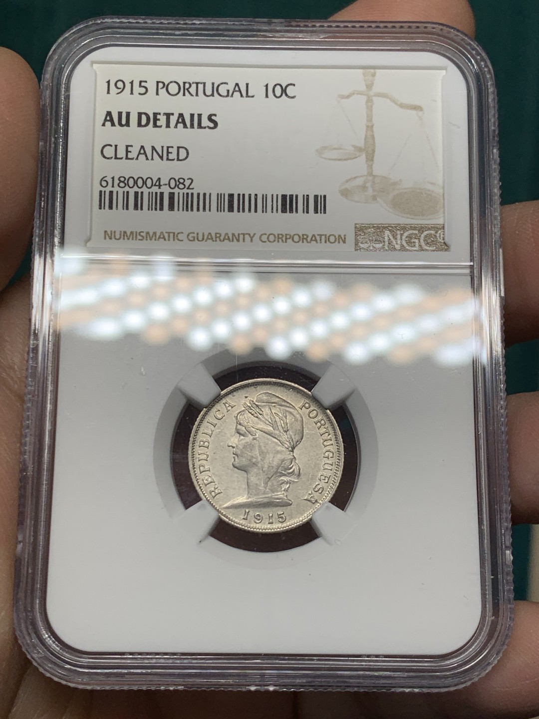 《竞宝斋》第146场-周日，周一 2场 (全场包邮) NGC AU 1915葡萄牙10分银币 不多见的规格