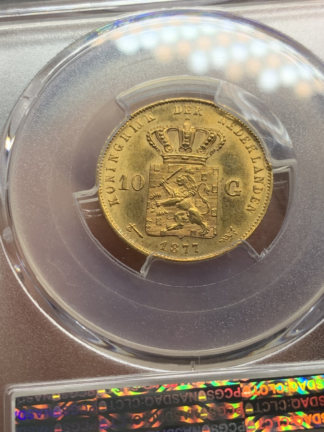 《竞宝斋》第146场-周日，周一 2场 (全场包邮) PCGS-MS63 荷兰王国 尼德兰荷兰 1877年 威廉二世 10盾金币，转光明显 性价比高的好品金币