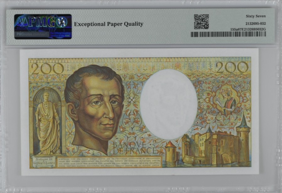 收藏联盟Quantum Auction 第242期拍卖  法国1984年200法郎 PMG67 法学家孟德斯鸠 初版