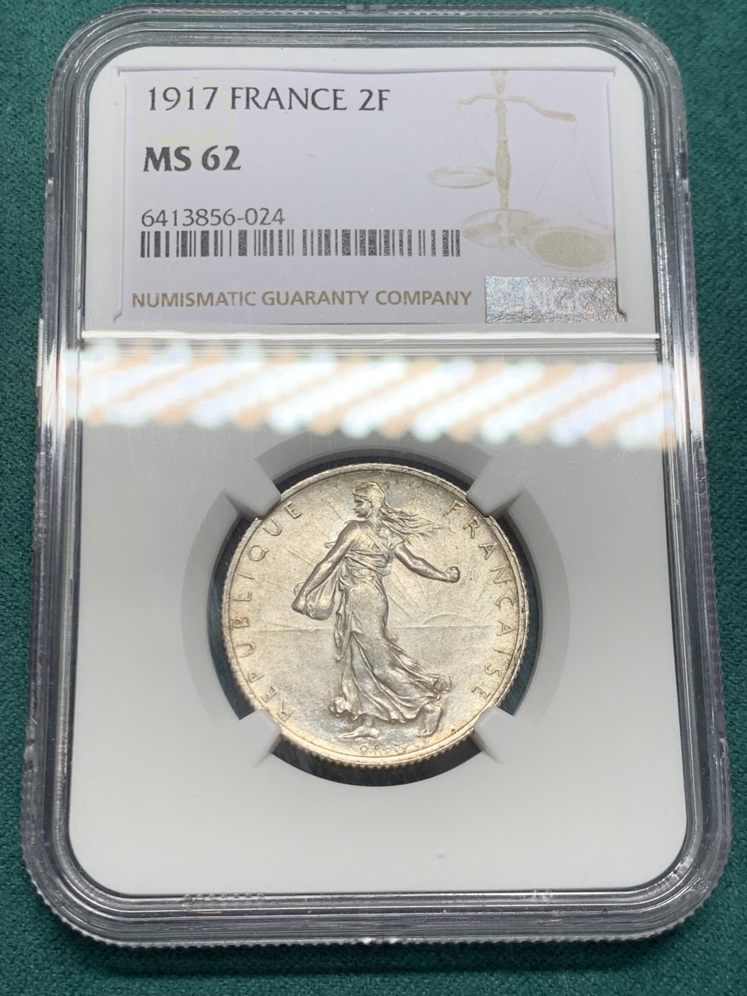 《竞宝斋》第146场-周日，周一 2场 (全场包邮) NGC-MS62 法国1917年 播种女神2法郎银币 原光好品