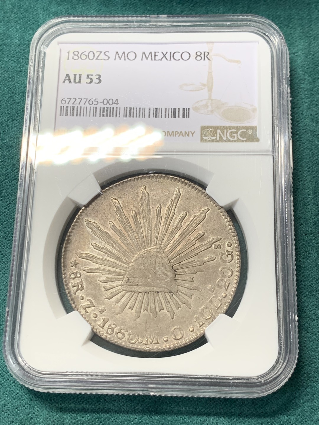 《竞宝斋》第146场-周日，周一 2场 (全场包邮) NGC AU53 墨西哥 1860年 8R 花边鹰洋 原味包浆 底板平整 不错