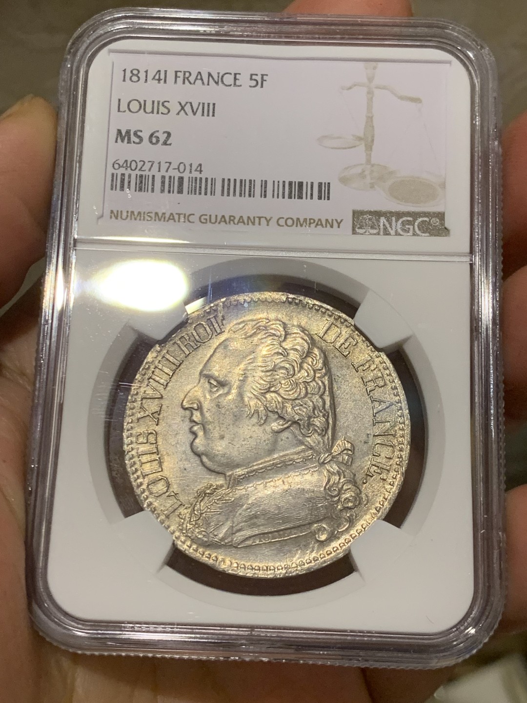 《竞宝斋》第146场-周日，周一 2场 (全场包邮) NGC MS62 法国 1814年I版 路易十八 戎装版 5法郎银币 只有铸造了两年 极少品种