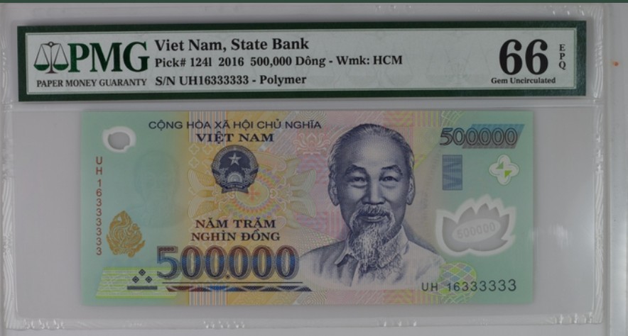 收藏联盟Quantum Auction 第242期拍卖  越南2016年500000盾 PMG66 最高面值 大象号 胡志明出生地 金莲村