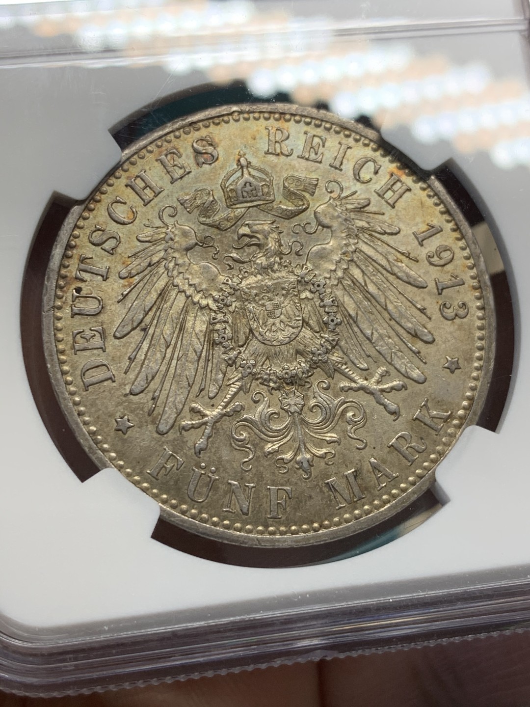 《竞宝斋》第146场-周日，周一 2场 (全场包邮) NGC-MS62 德国 1913年 普鲁士军装5马克银币 带包浆的能拿这个分不容易，味道不是白币能比的