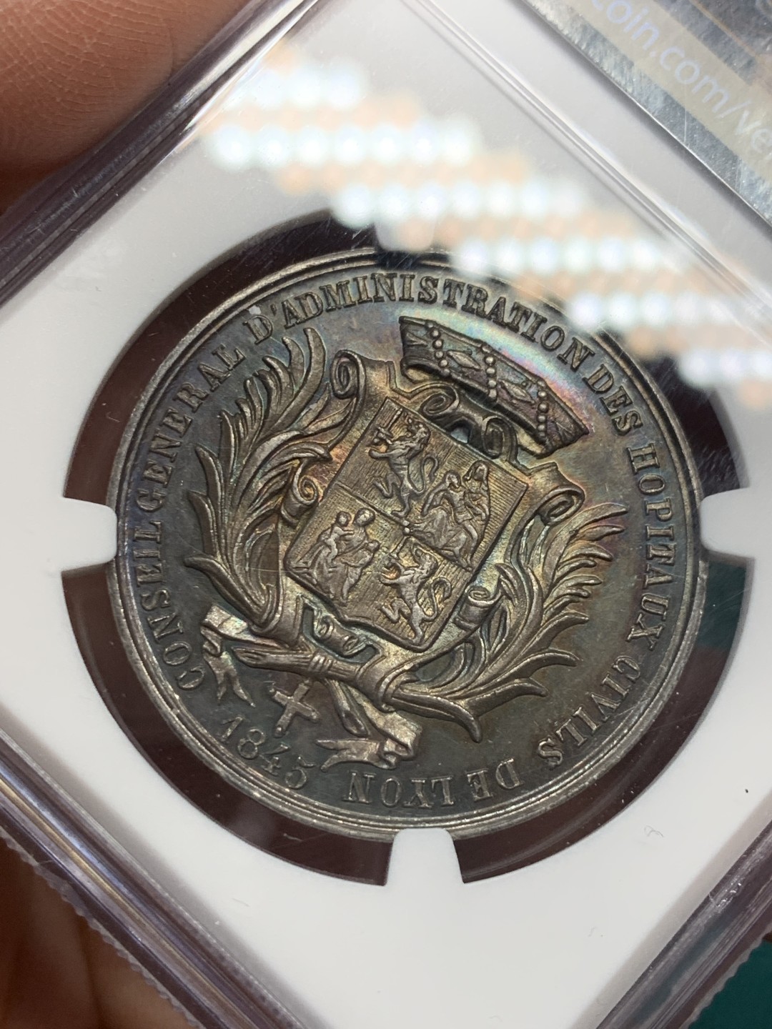 《竞宝斋》第146场-周日，周一 2场 (全场包邮) NGC-MS62 法国1845年 双皇头像 JETON银制 高浮雕 经典传世黑包浆 非常难得