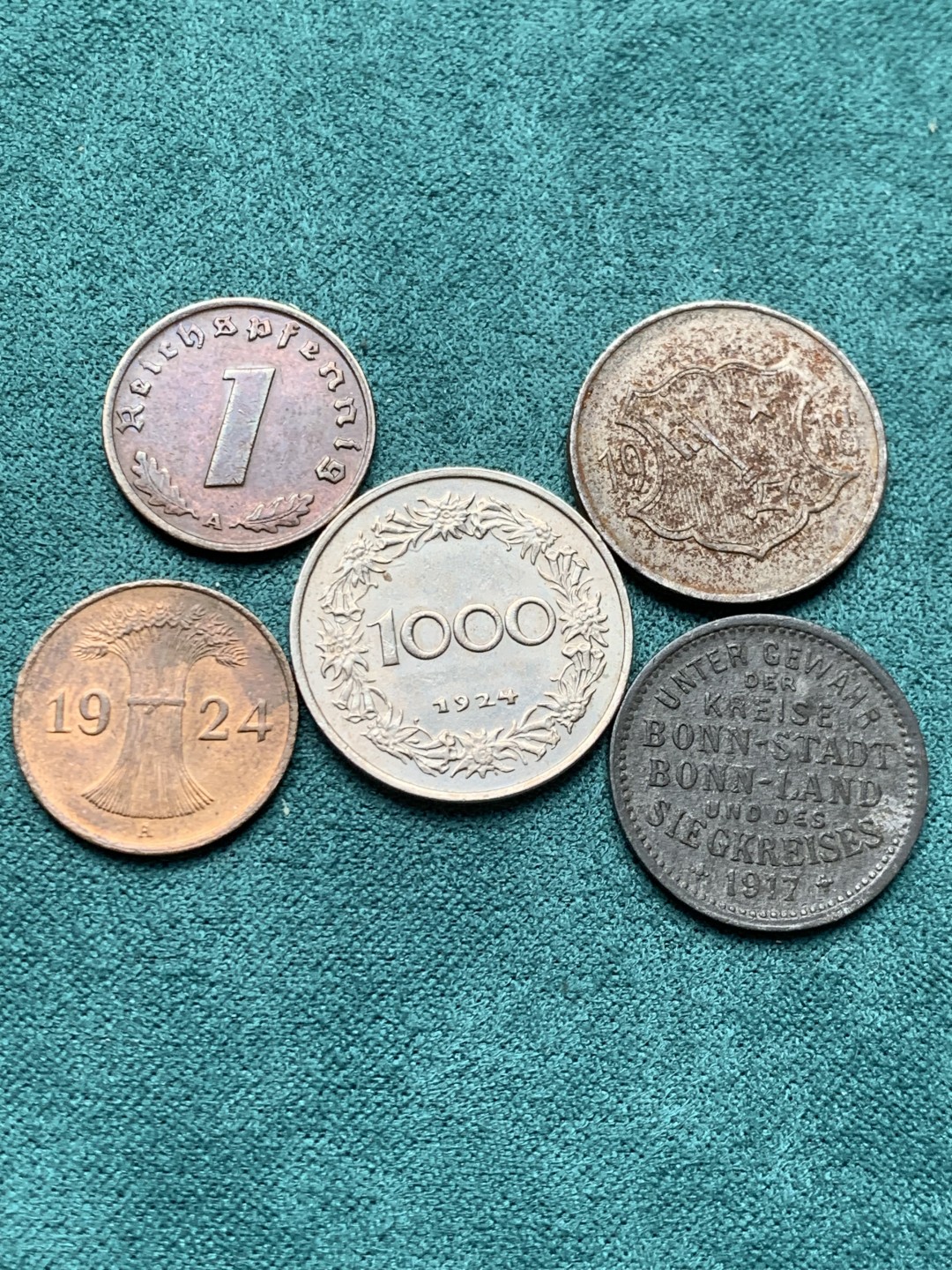 《竞宝斋》第146场-周日，周一 2场 (全场包邮) 德国+奥地利5枚不多见的品种德紧10芬尼2枚+魏玛1芬尼+德三1芬尼+奥地利1924年1000格罗申