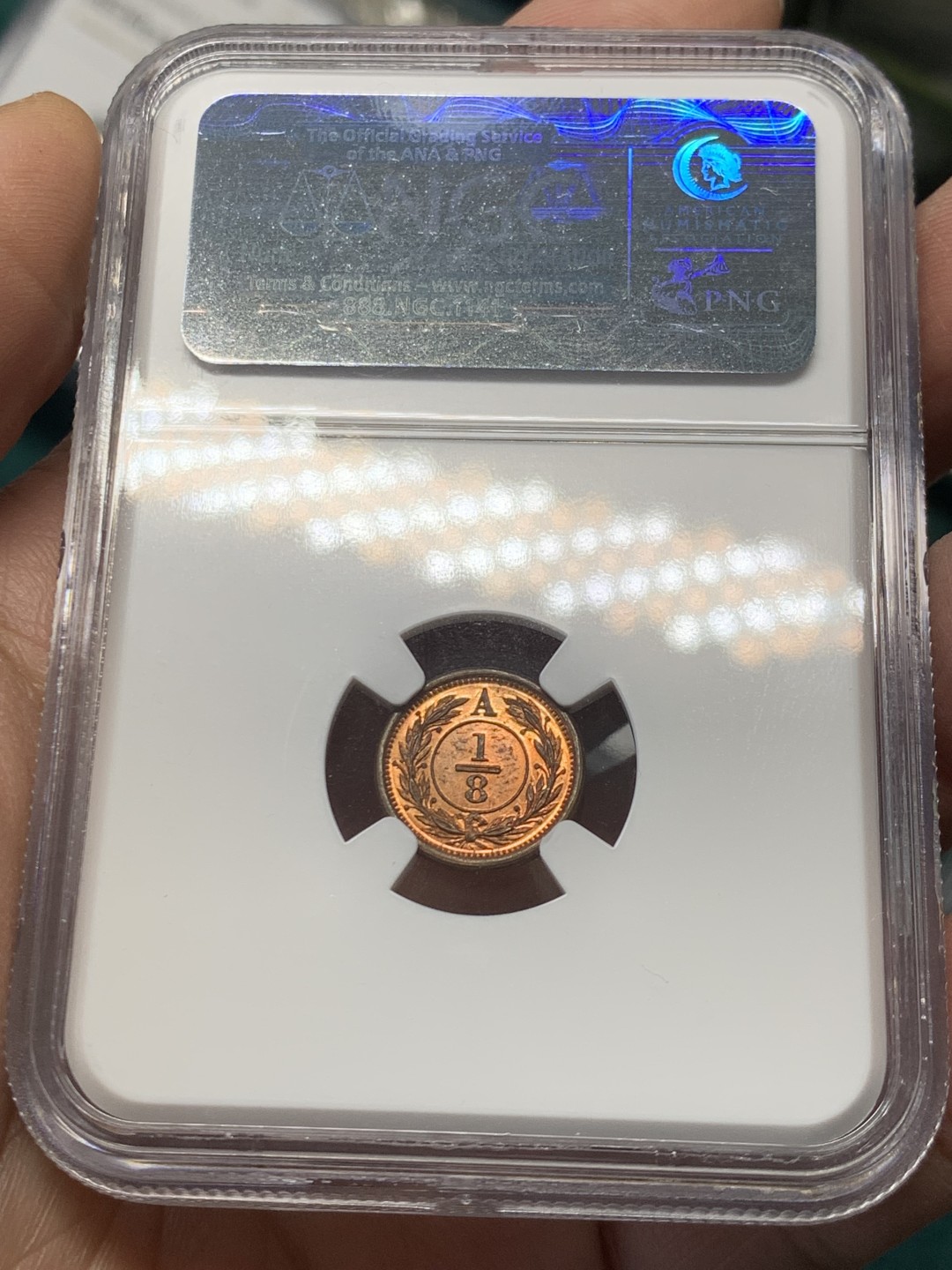 《竞宝斋》第146场-周日，周一 2场 (全场包邮) NGC-MS63RB 英属安蒂科斯蒂岛1870年1/8便士 大不列颠在加拿大魁北克的殖民地，稀缺品种