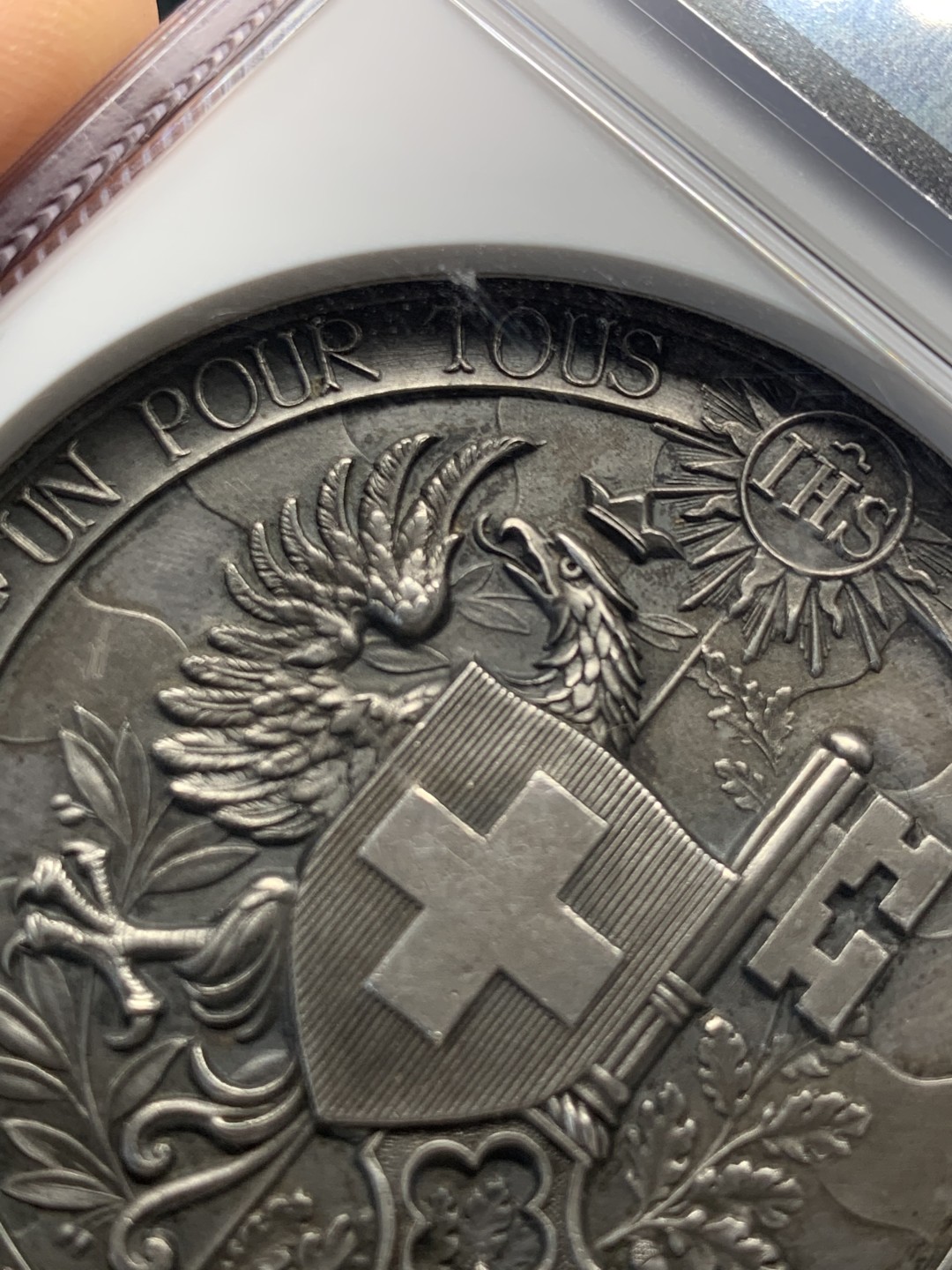 《竞宝斋》第146场-周日，周一 2场 (全场包邮) NGC-MS63 瑞士 1887年 日内瓦射击节 银章 人像立体高浮雕工艺