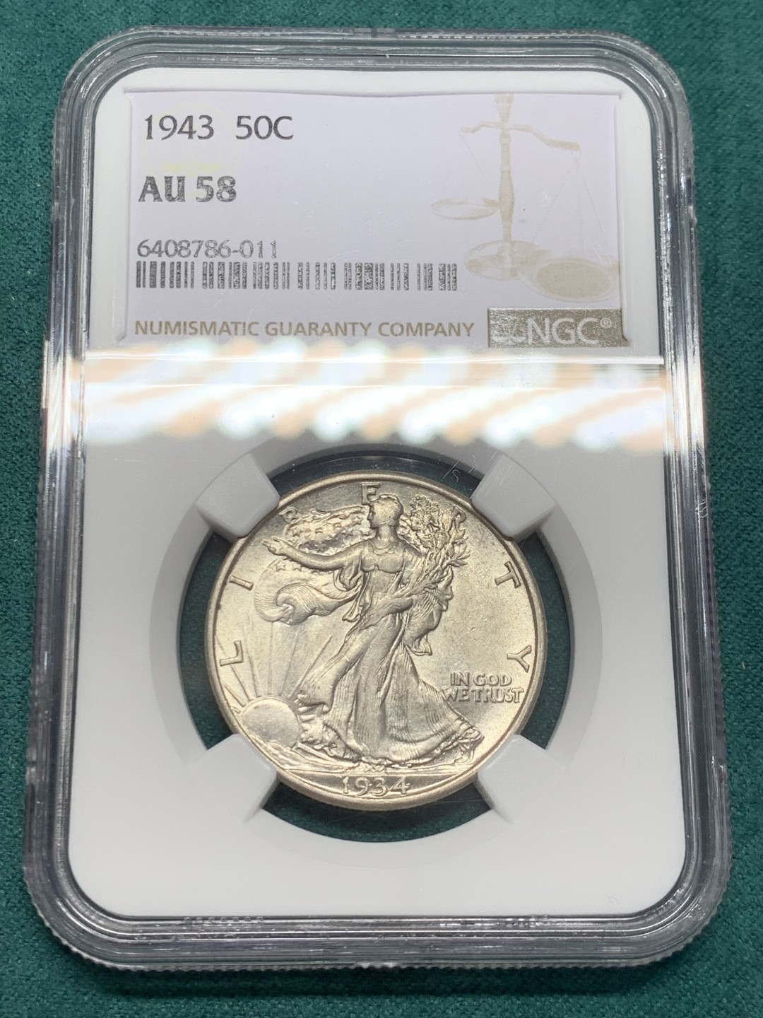 《竞宝斋》第146场-周日，周一 2场 (全场包邮) NGC-AU58 美国1943年 行走女神半圆 原光银币