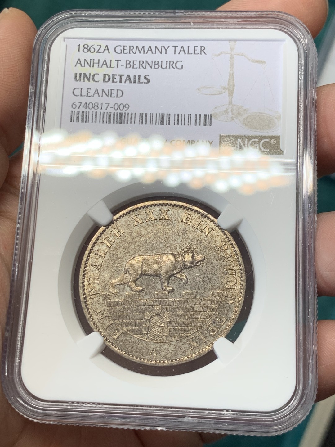 《竞宝斋》第146场-周日，周一 2场 (全场包邮) NGC-UNC 德国安哈尔特1862年小熊爬墙1泰勒银币