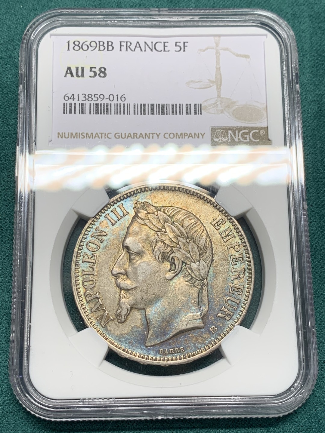 《竞宝斋》第146场-周日，周一 2场 (全场包邮) NGC-AU58 法国1869-BB年 拿破仑三世 5法郎大银币 五彩包浆 非常漂亮