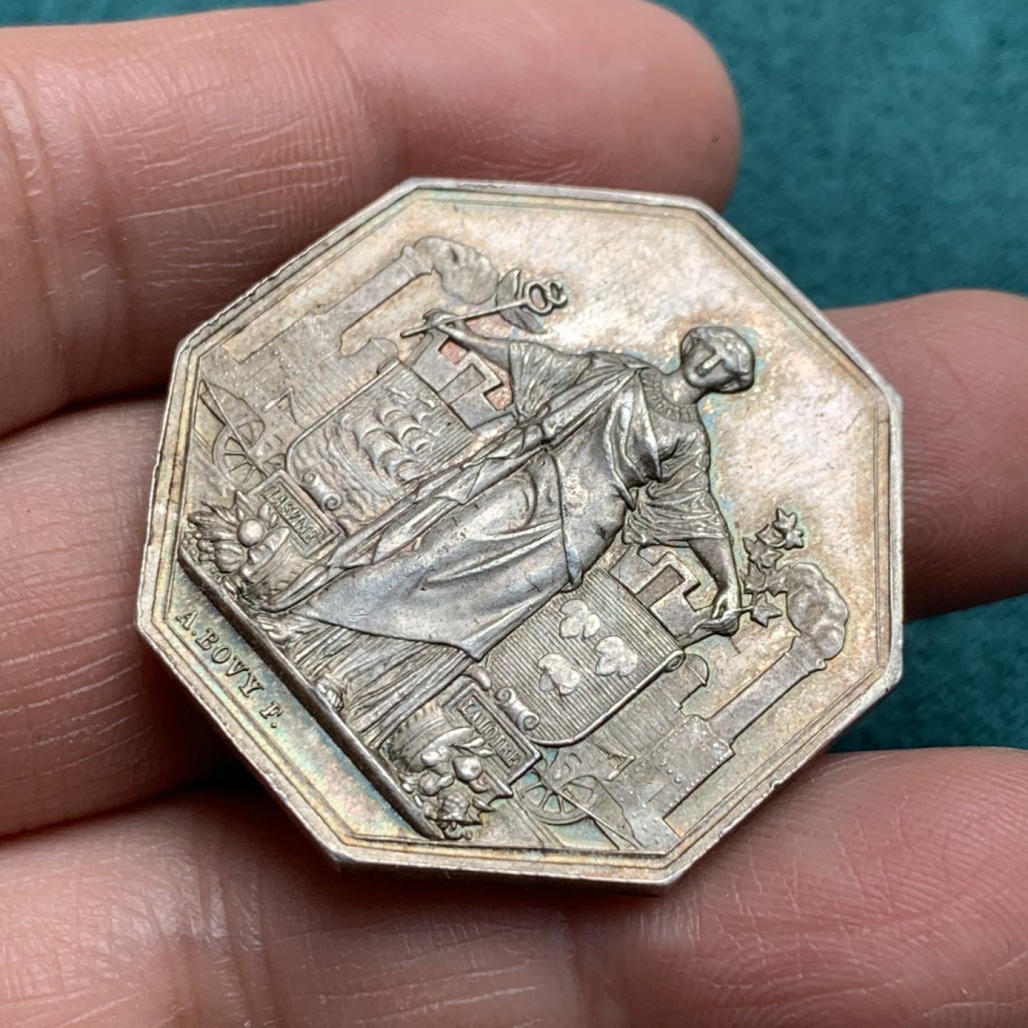 《竞宝斋》第146场-周日，周一 2场 (全场包邮) 法国 1838 工业女神 八角银质代币  丰饶角边铭 银标 23.7克 36.7mm 状态好 目测MS品质